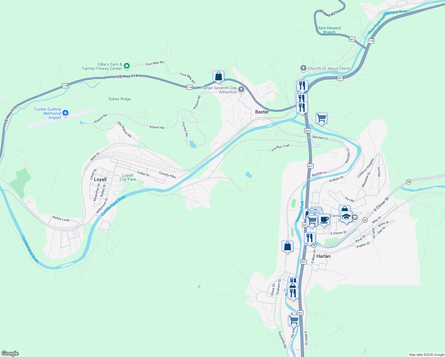 map of restaurants, bars, coffee shops, grocery stores, and more near 94 Wolf Hollow Road in Baxter