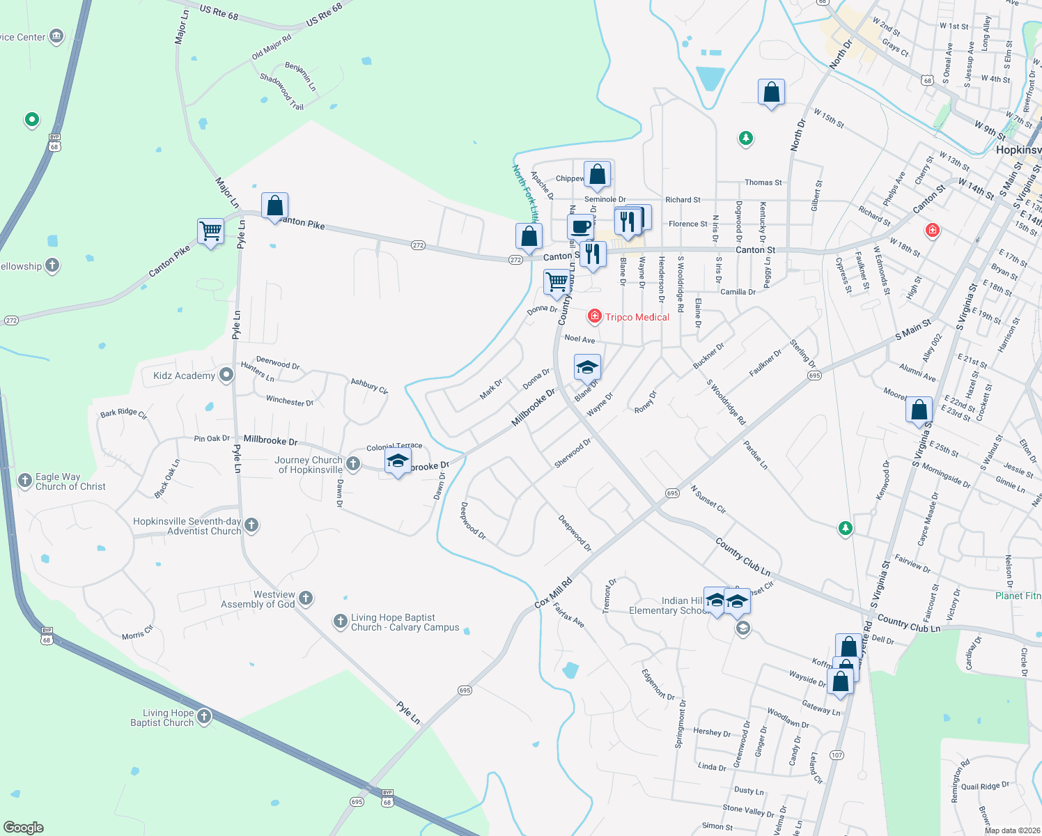 map of restaurants, bars, coffee shops, grocery stores, and more near 198 Millbrooke Drive in Hopkinsville