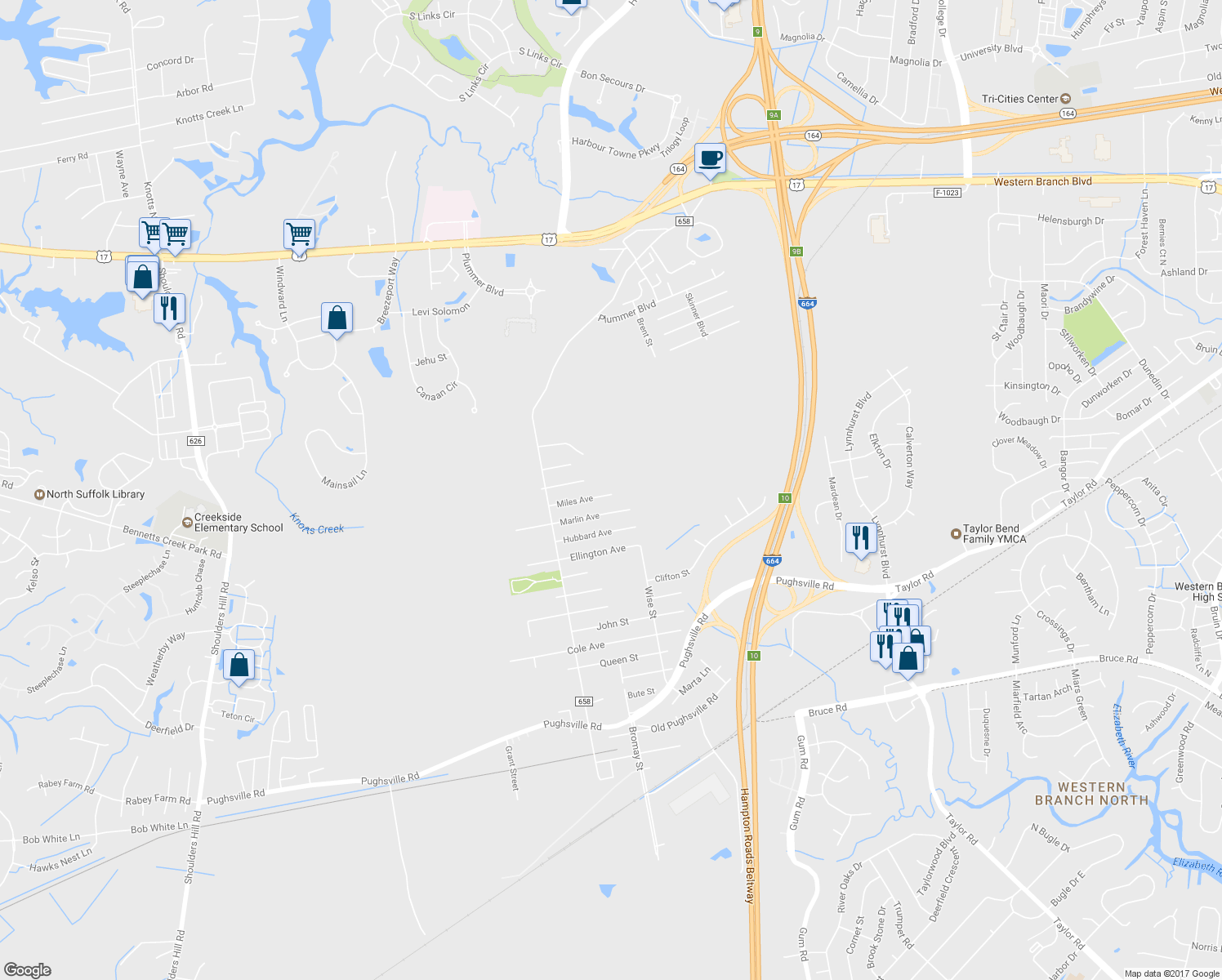 map of restaurants, bars, coffee shops, grocery stores, and more near 4520 Miles Avenue in Suffolk