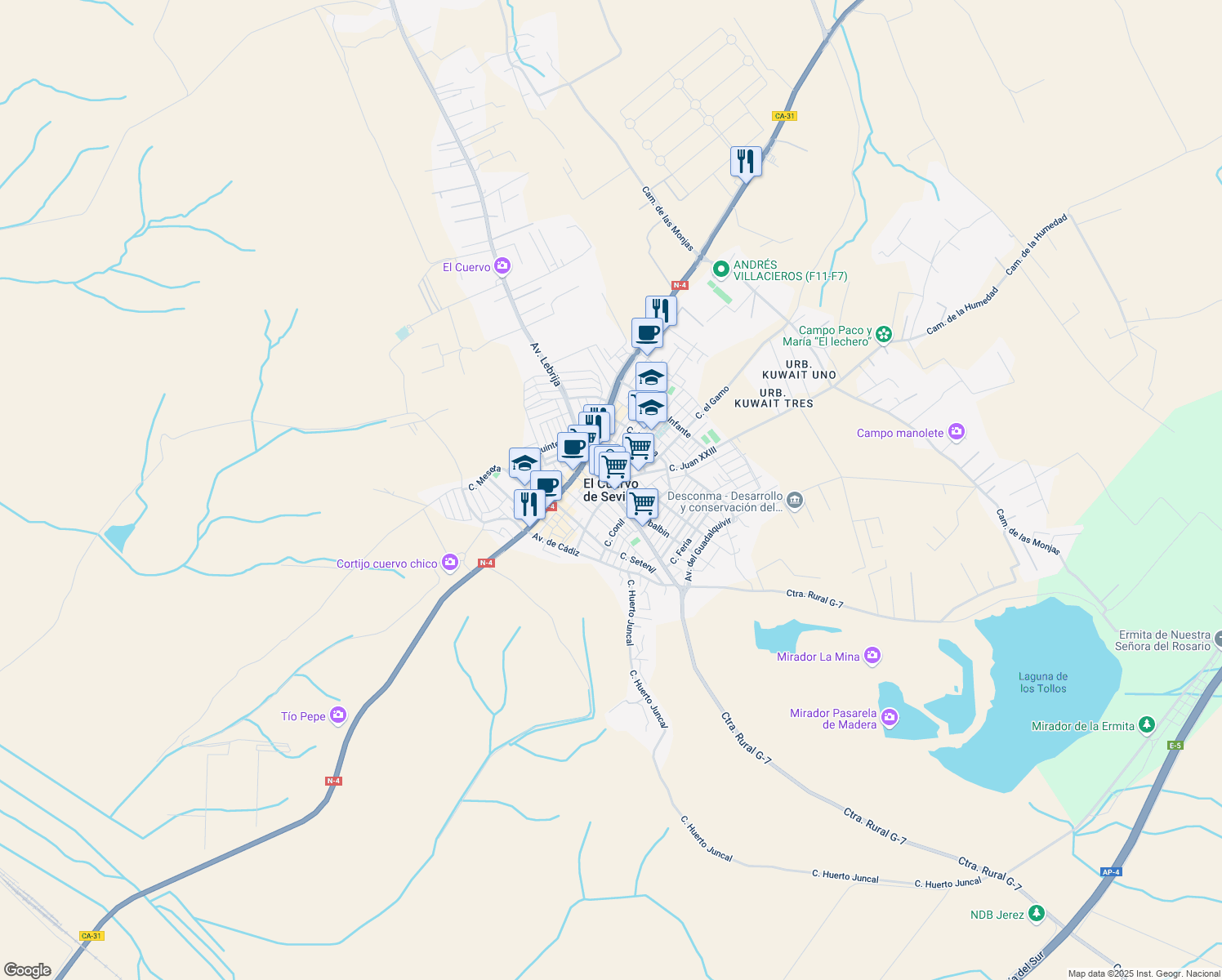 map of restaurants, bars, coffee shops, grocery stores, and more near in El Cuervo de Sevilla