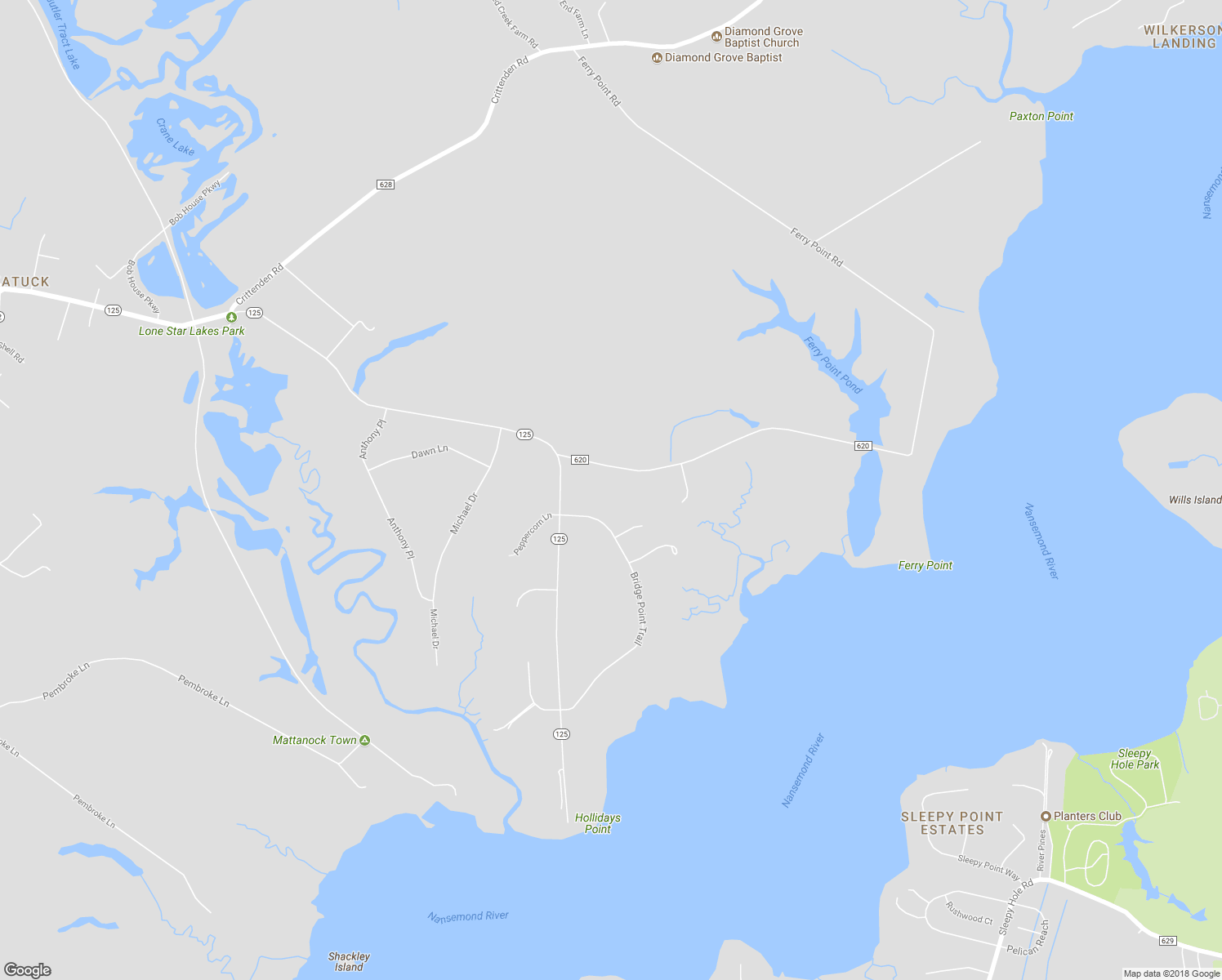 map of restaurants, bars, coffee shops, grocery stores, and more near 6508 Ferry Point Road in Suffolk