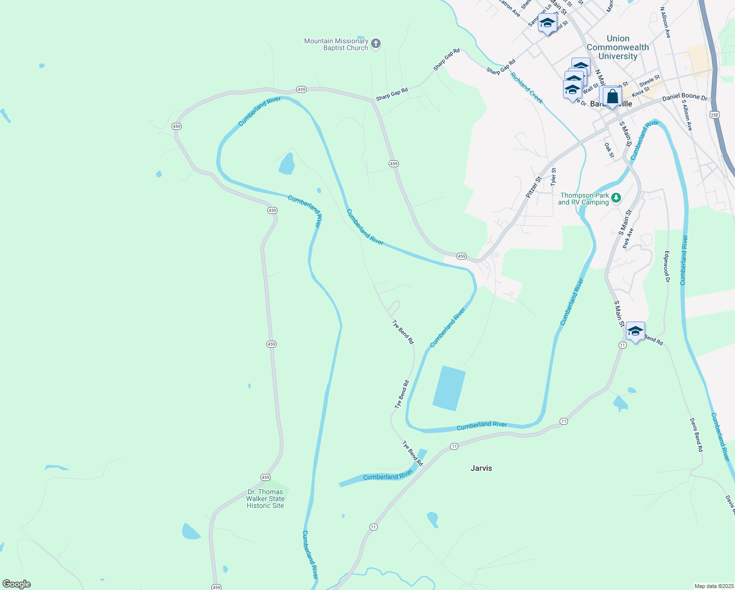 map of restaurants, bars, coffee shops, grocery stores, and more near 983 Tye Bend Road in Barbourville