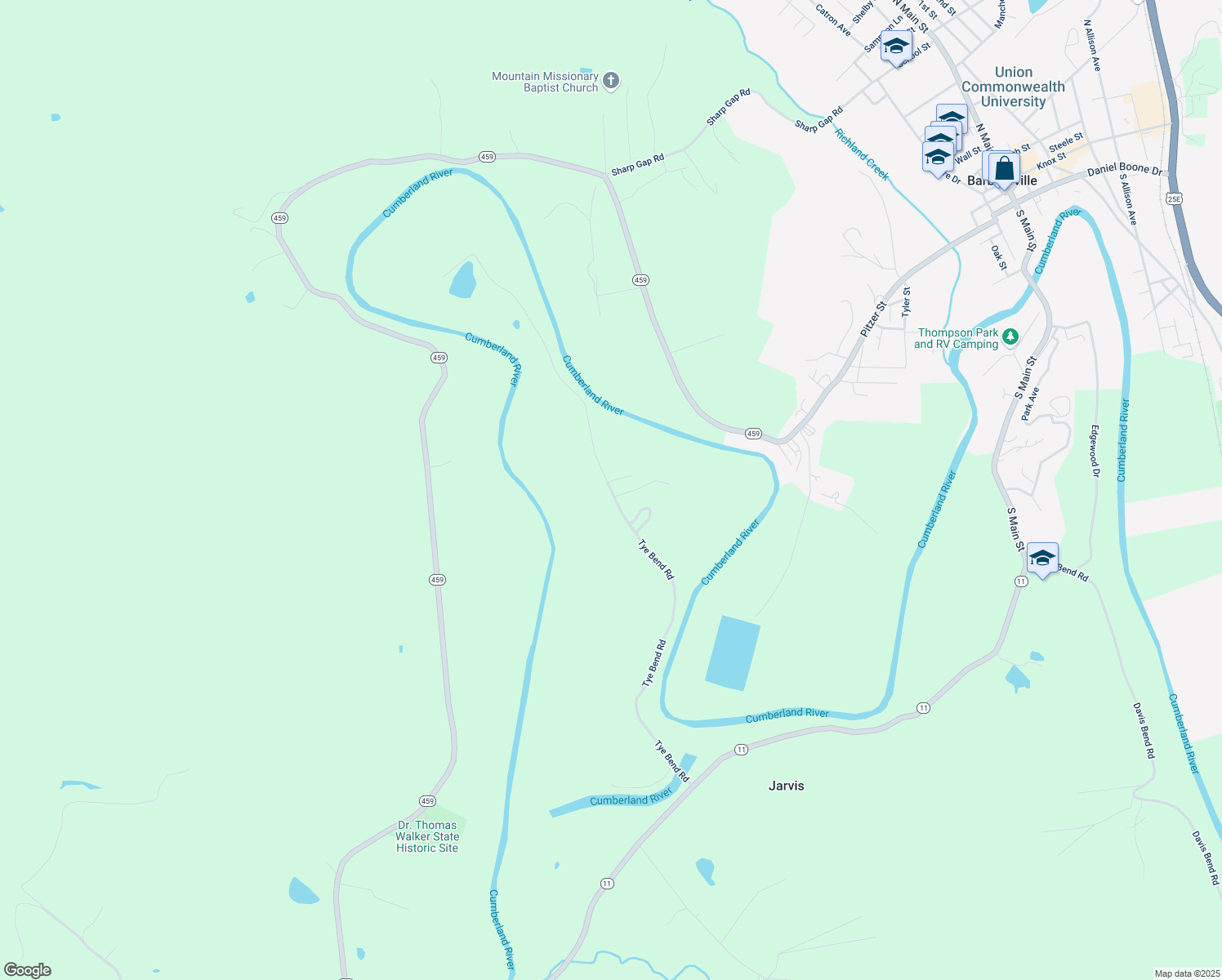 map of restaurants, bars, coffee shops, grocery stores, and more near 983 Tye Bend Road in Barbourville