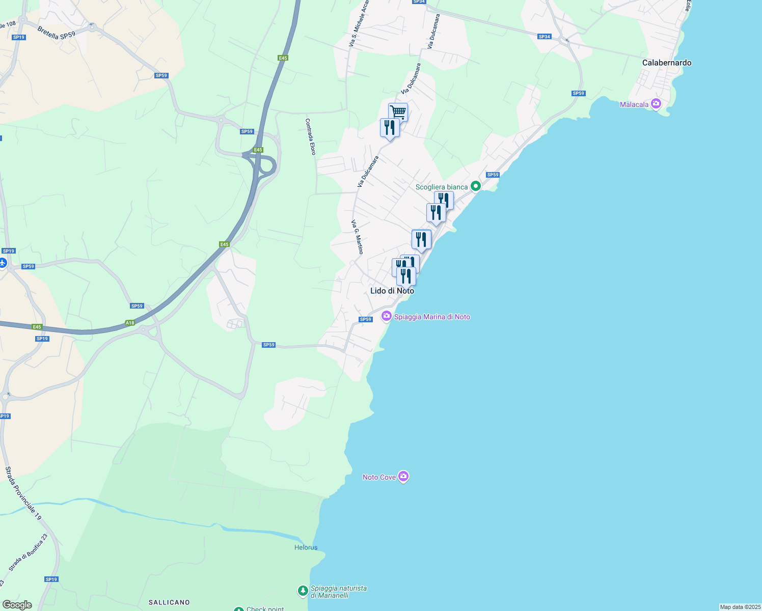 map of restaurants, bars, coffee shops, grocery stores, and more near 10 Strada Provinciale 59 in Lido di Noto