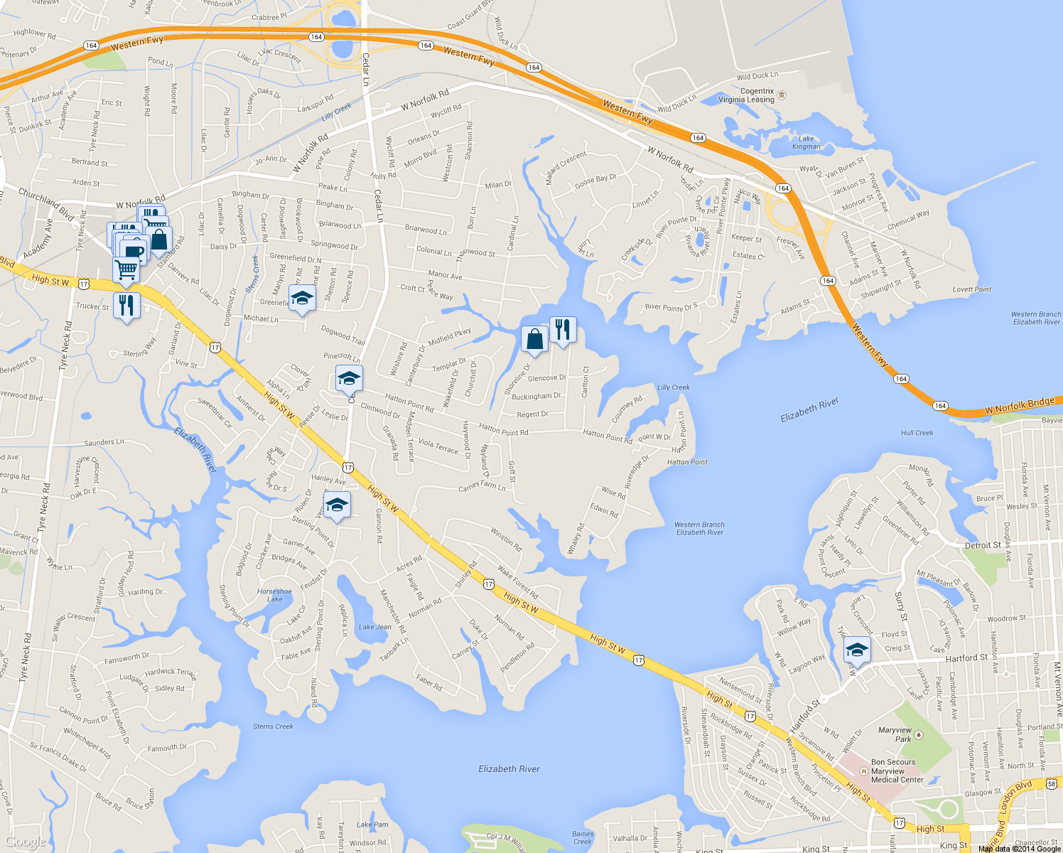 map of restaurants, bars, coffee shops, grocery stores, and more near 4532 Hatton Point Road in Portsmouth