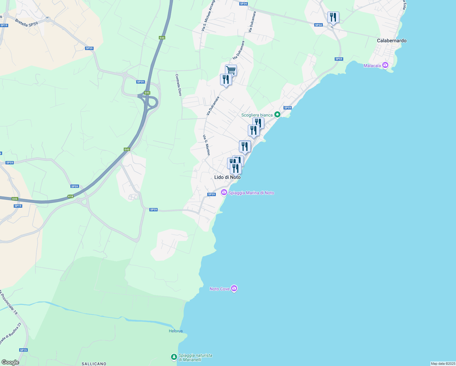 map of restaurants, bars, coffee shops, grocery stores, and more near 10 Strada Provinciale 59 in Lido di Noto