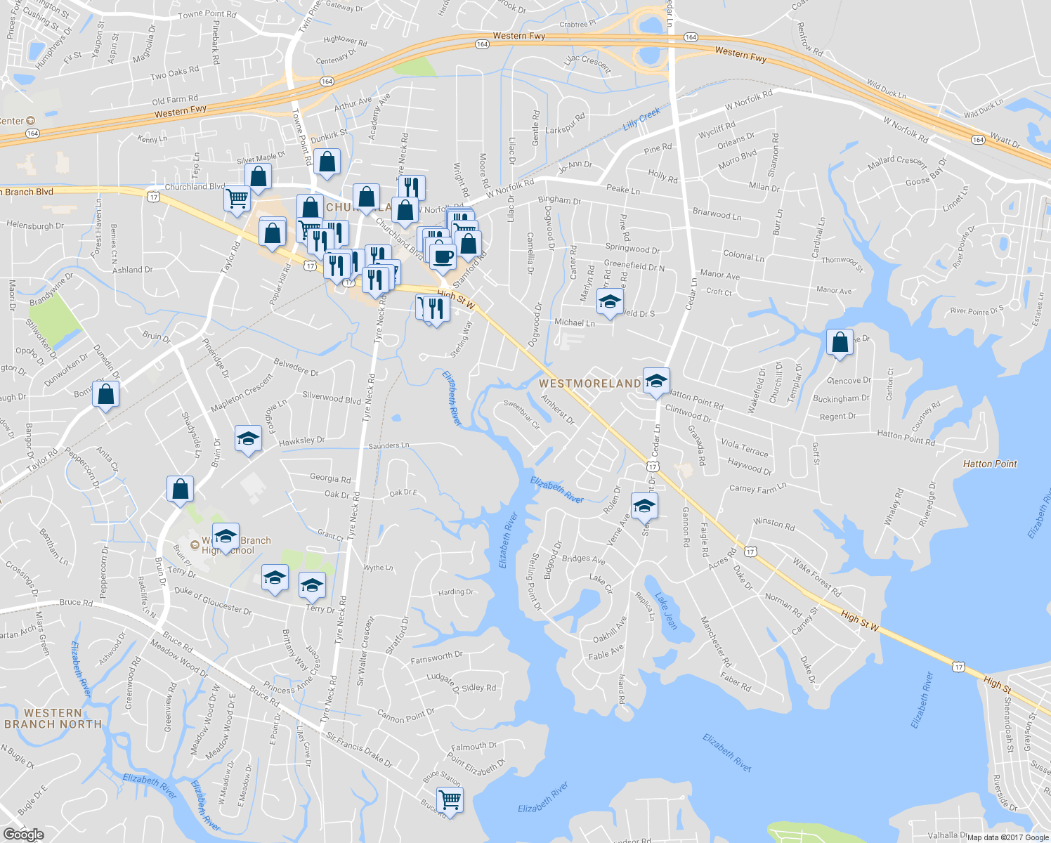 map of restaurants, bars, coffee shops, grocery stores, and more near 5228 Sweetbriar Circle in Portsmouth