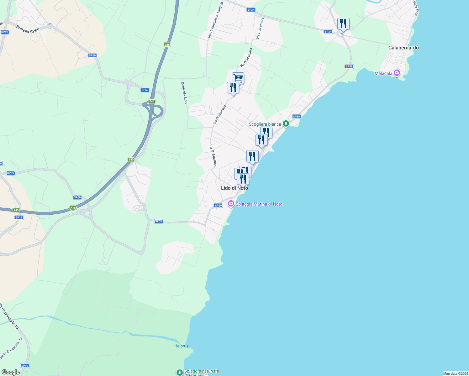 map of restaurants, bars, coffee shops, grocery stores, and more near in Lido di Noto