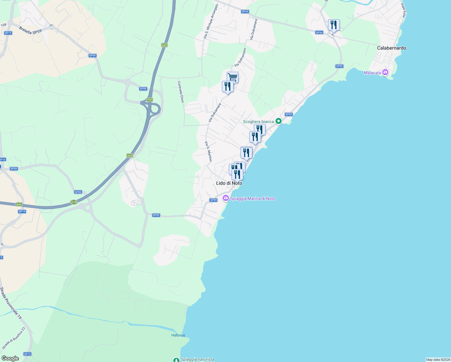 map of restaurants, bars, coffee shops, grocery stores, and more near in Lido di Noto