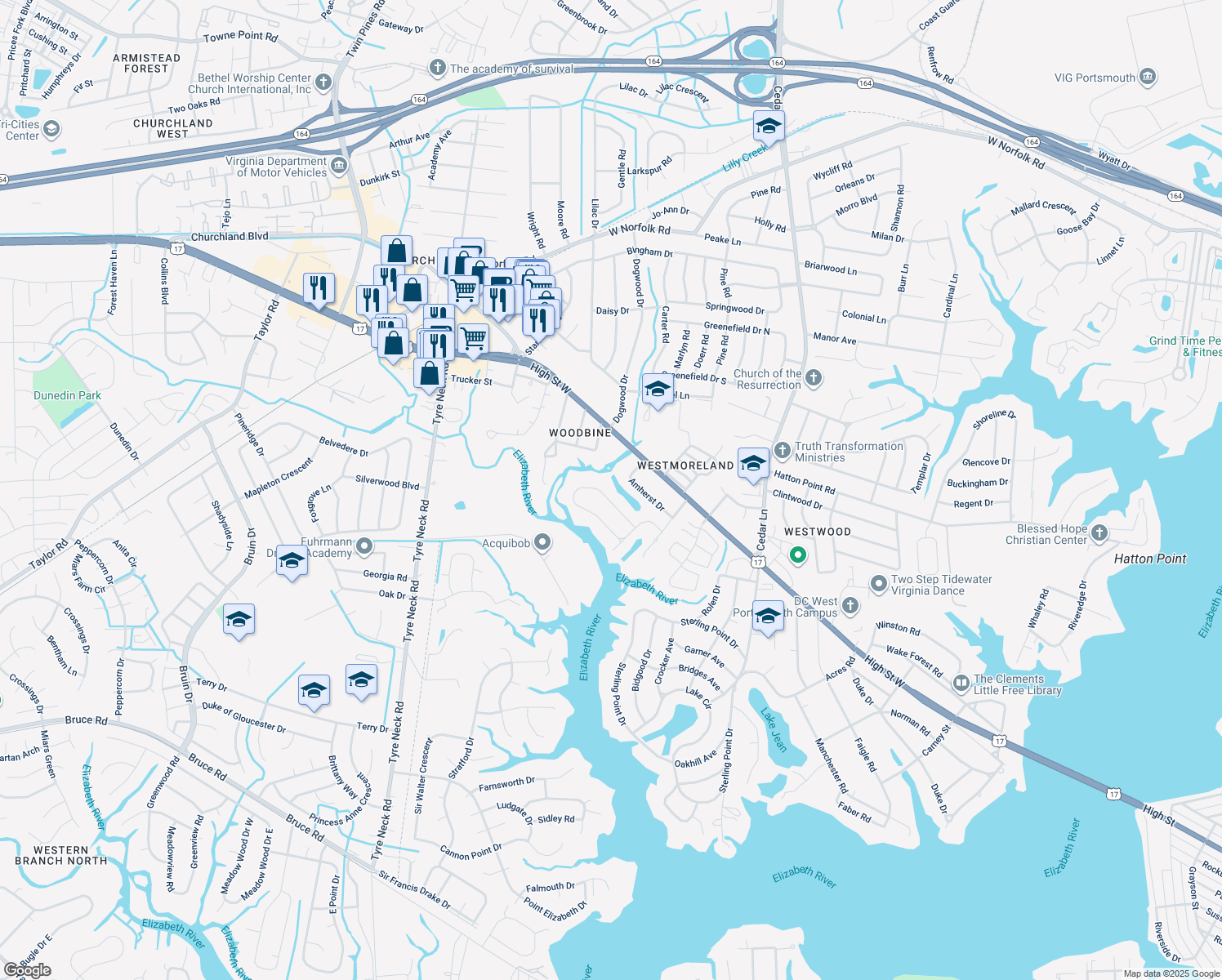 map of restaurants, bars, coffee shops, grocery stores, and more near 5231 Sweetbriar Circle in Portsmouth