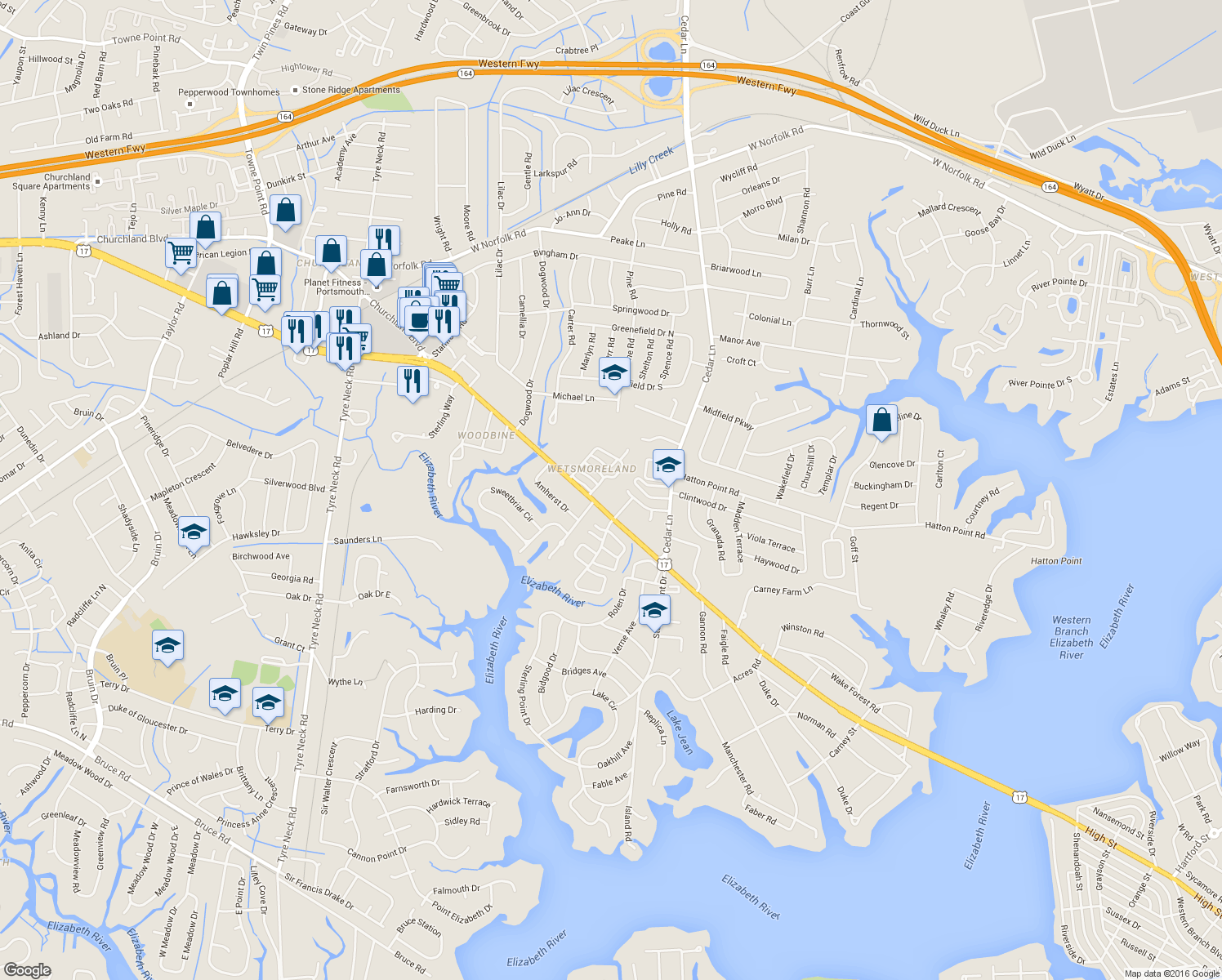 map of restaurants, bars, coffee shops, grocery stores, and more near 3229 Clover Hill Drive in Portsmouth