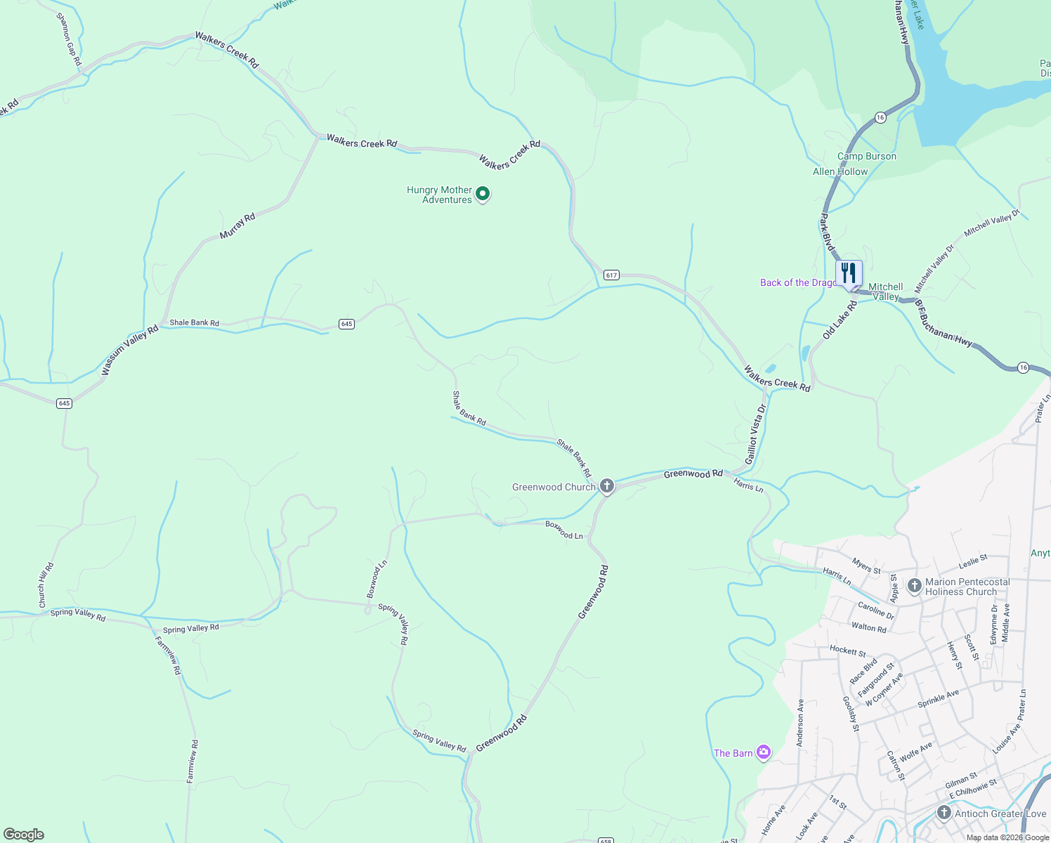map of restaurants, bars, coffee shops, grocery stores, and more near 307 Shale Bank Road in Marion