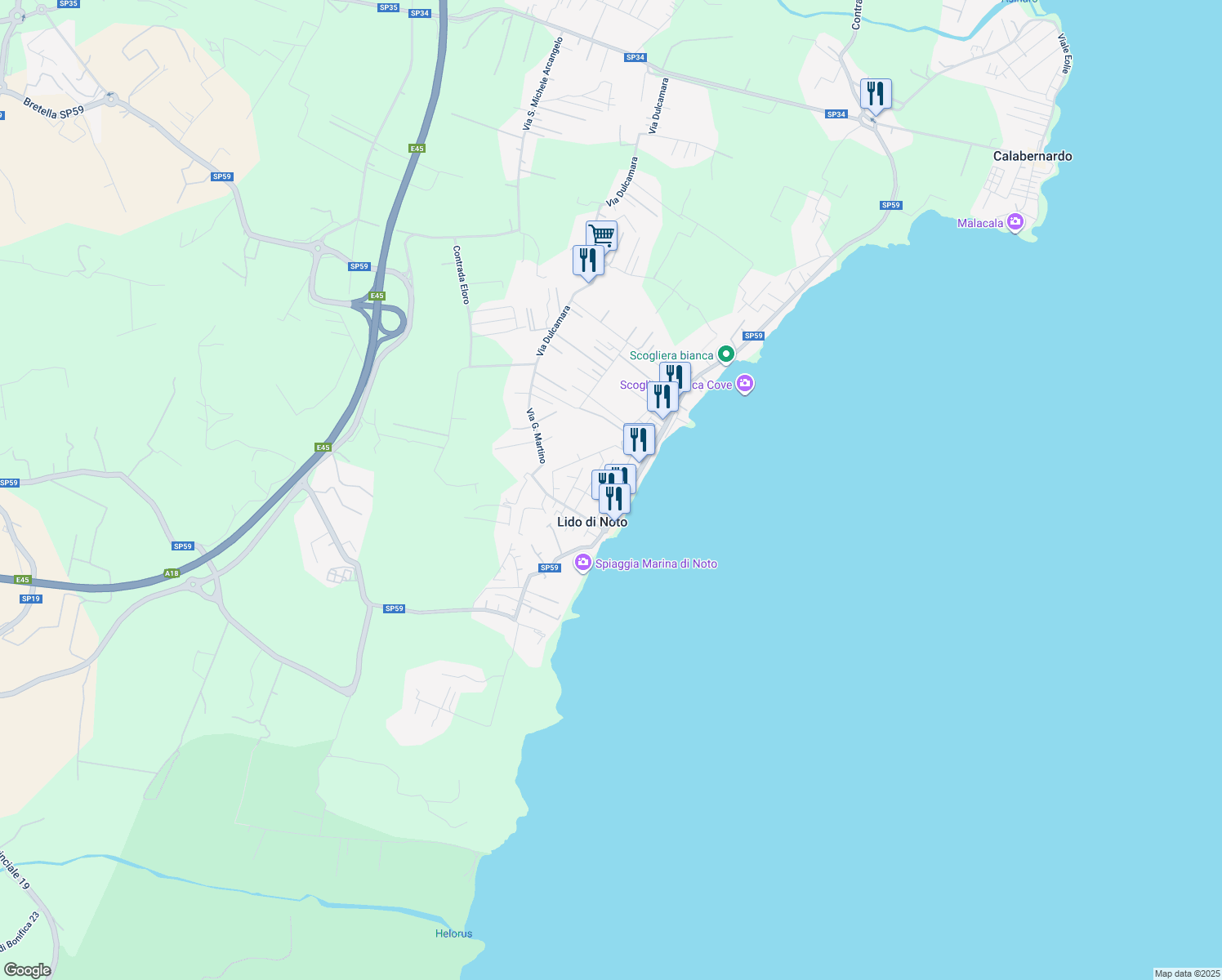 map of restaurants, bars, coffee shops, grocery stores, and more near 13 Via M. Adamo in Lido di Noto