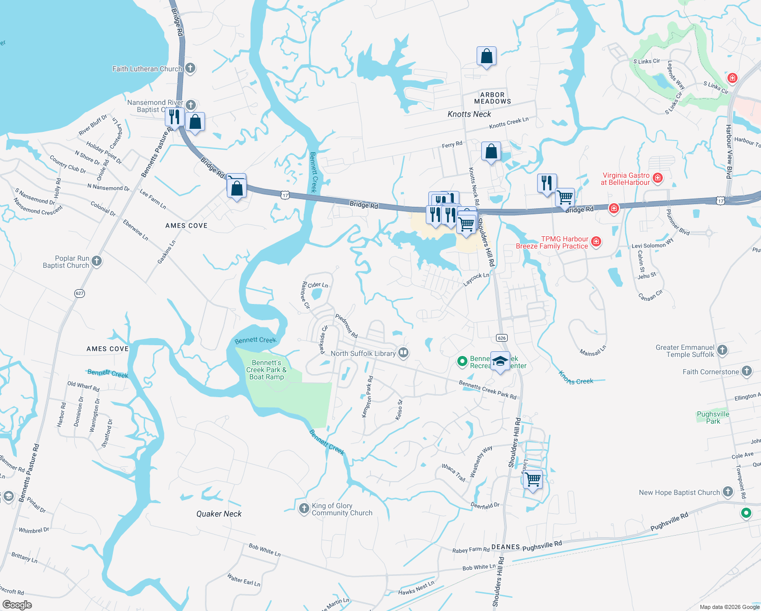 map of restaurants, bars, coffee shops, grocery stores, and more near 2219 Tuliptree Circle in Suffolk