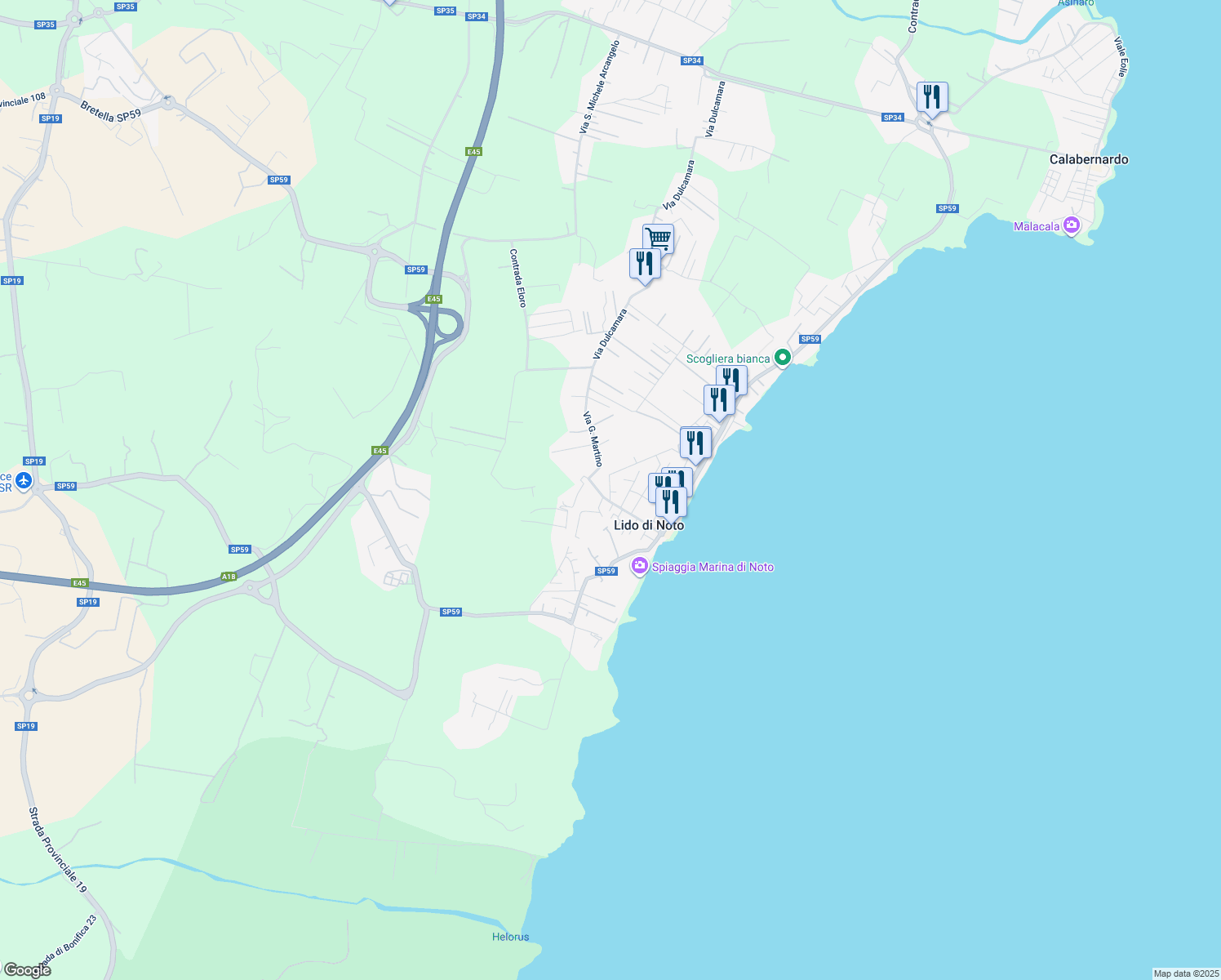 map of restaurants, bars, coffee shops, grocery stores, and more near 68 Via C. di Lorenzo Borgia in Lido di Noto
