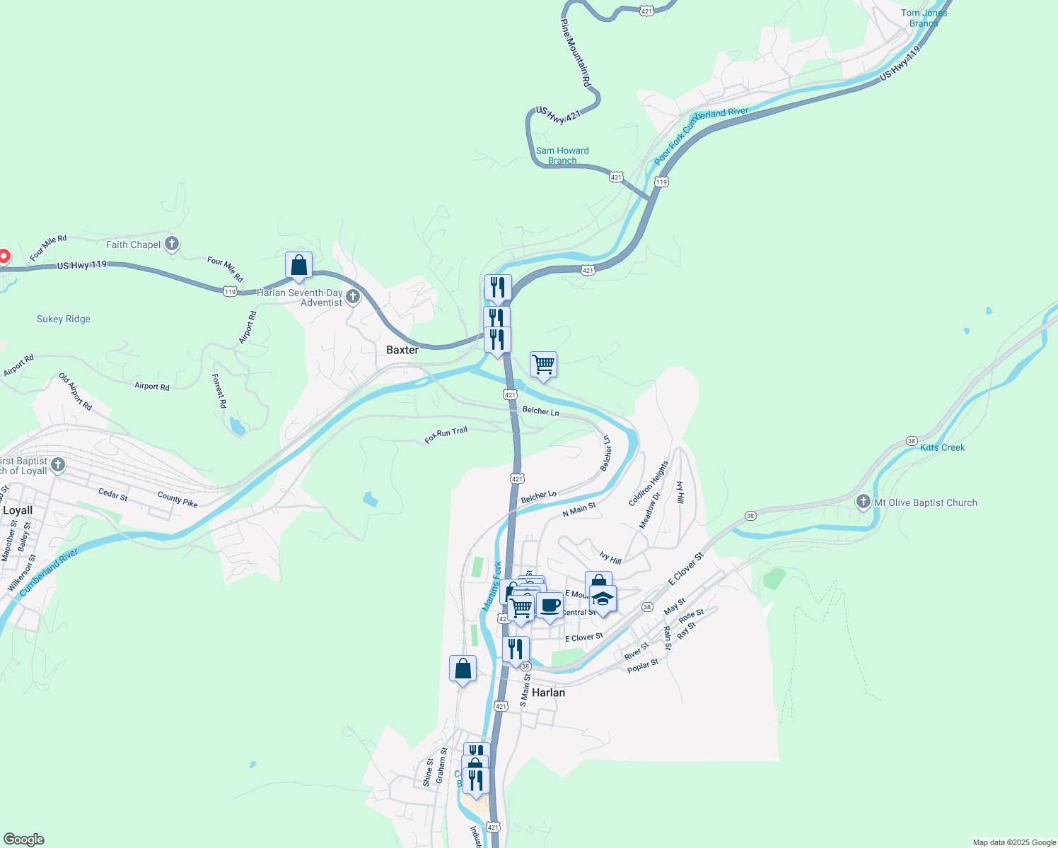 map of restaurants, bars, coffee shops, grocery stores, and more near 40 Kerns Lane in Baxter