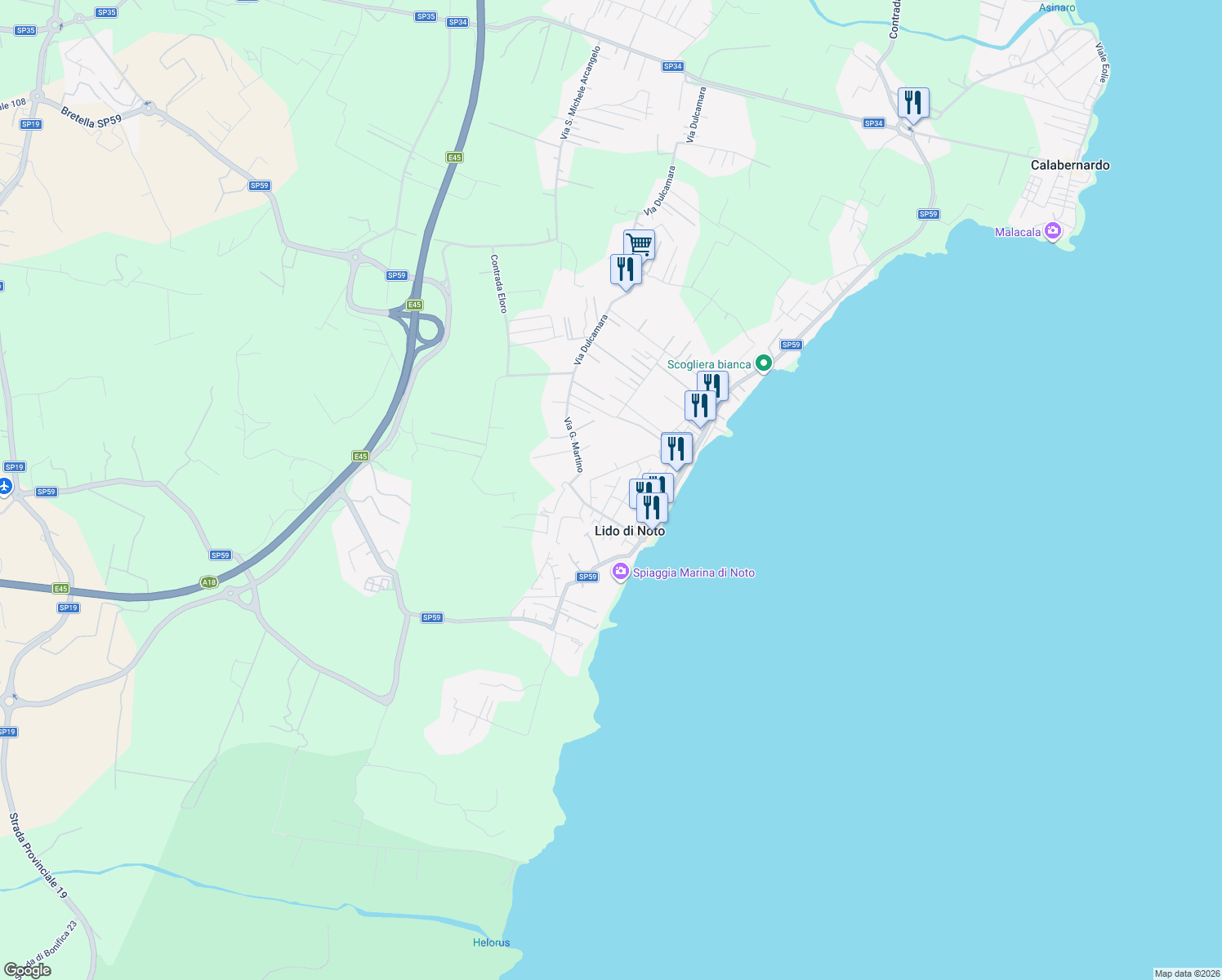map of restaurants, bars, coffee shops, grocery stores, and more near 14 Via C. Terranova in Lido di Noto