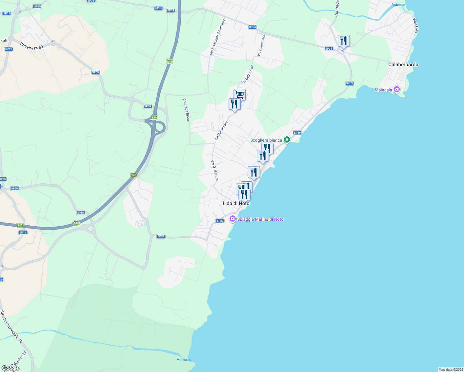 map of restaurants, bars, coffee shops, grocery stores, and more near 14 Via C. Terranova in Lido di Noto