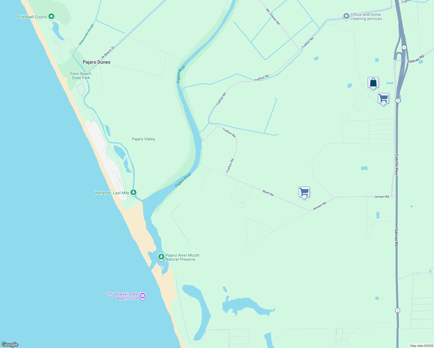 map of restaurants, bars, coffee shops, grocery stores, and more near 245 Bluff Road in Moss Landing