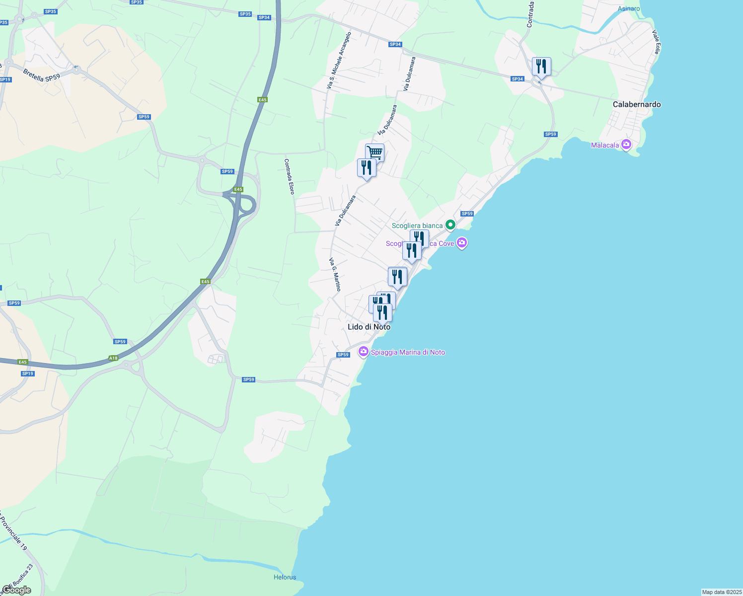 map of restaurants, bars, coffee shops, grocery stores, and more near 13 Via Michele Amato in Lido di Noto