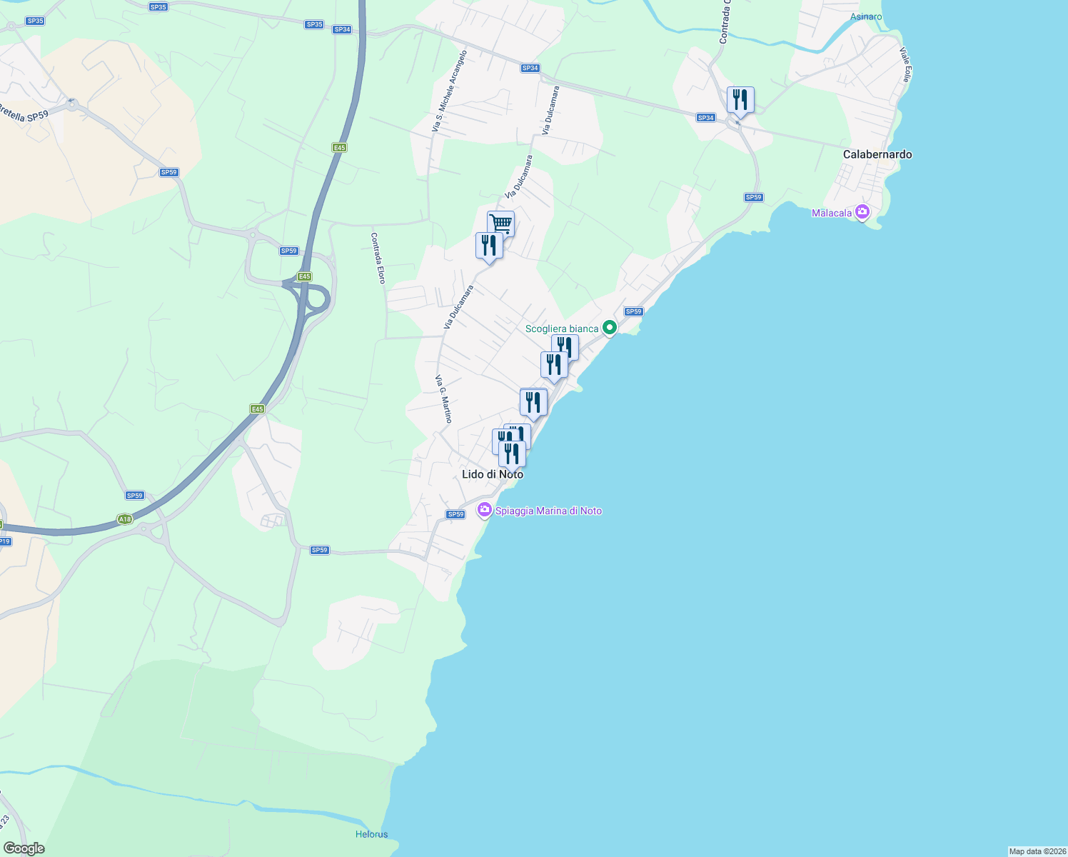 map of restaurants, bars, coffee shops, grocery stores, and more near Strada Provinciale 59 in Lido di Noto