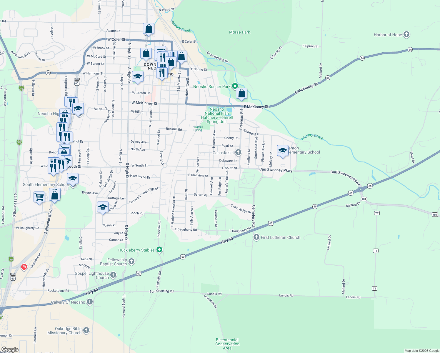 map of restaurants, bars, coffee shops, grocery stores, and more near 1300 Fox Ridge Ln in Neosho