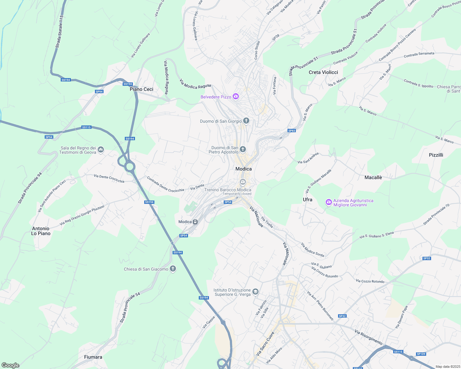 map of restaurants, bars, coffee shops, grocery stores, and more near 72 Via Liceo Convitto in Modica