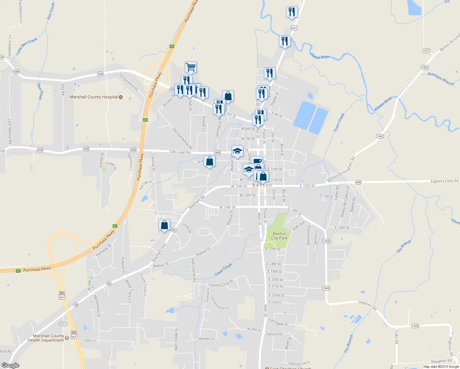 map of restaurants, bars, coffee shops, grocery stores, and more near 400 West 12th Street in Benton