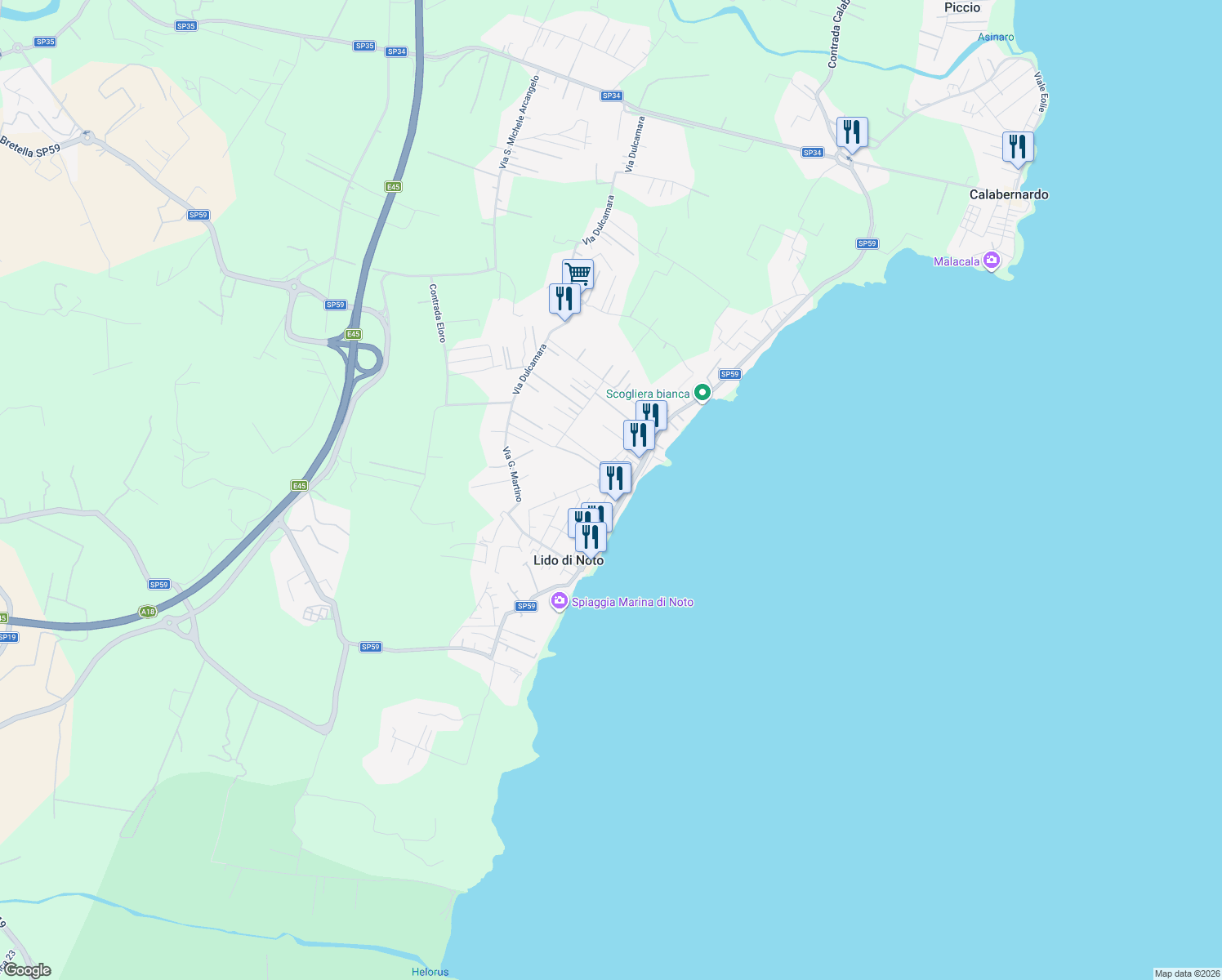 map of restaurants, bars, coffee shops, grocery stores, and more near 10 Viale Lido di Noto in Lido di Noto