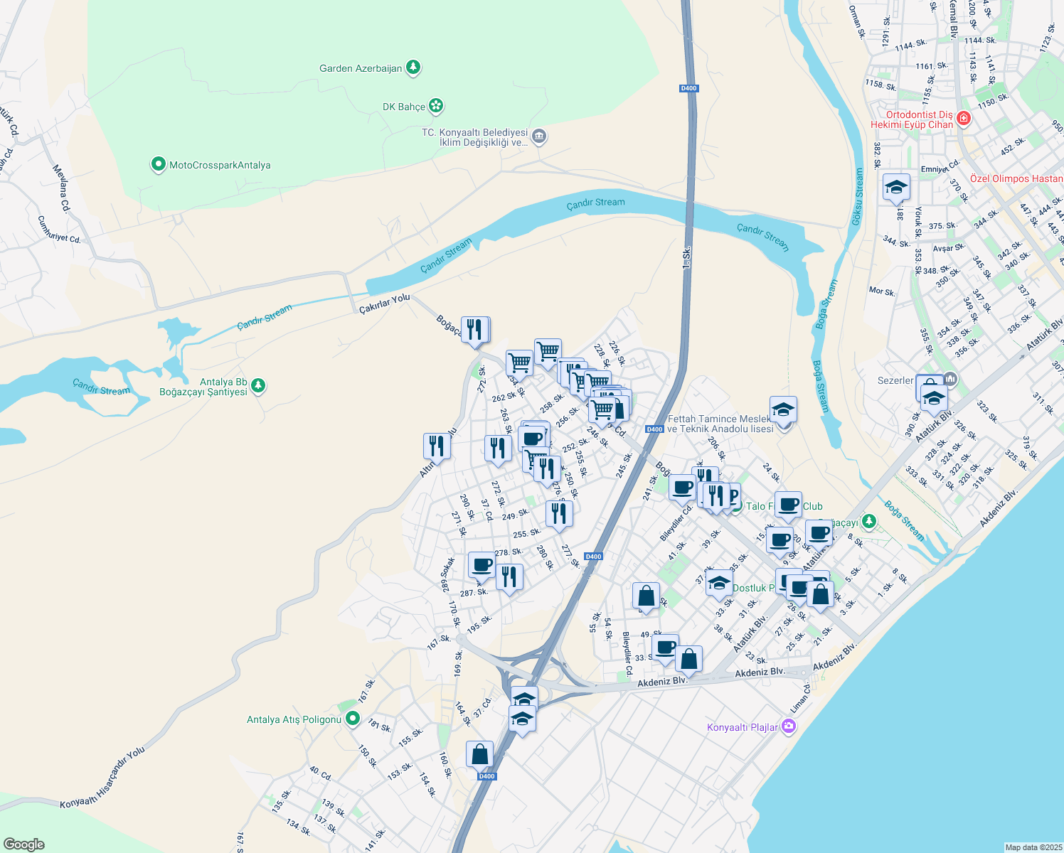 map of restaurants, bars, coffee shops, grocery stores, and more near 58 259. Sokak in Konyaaltı