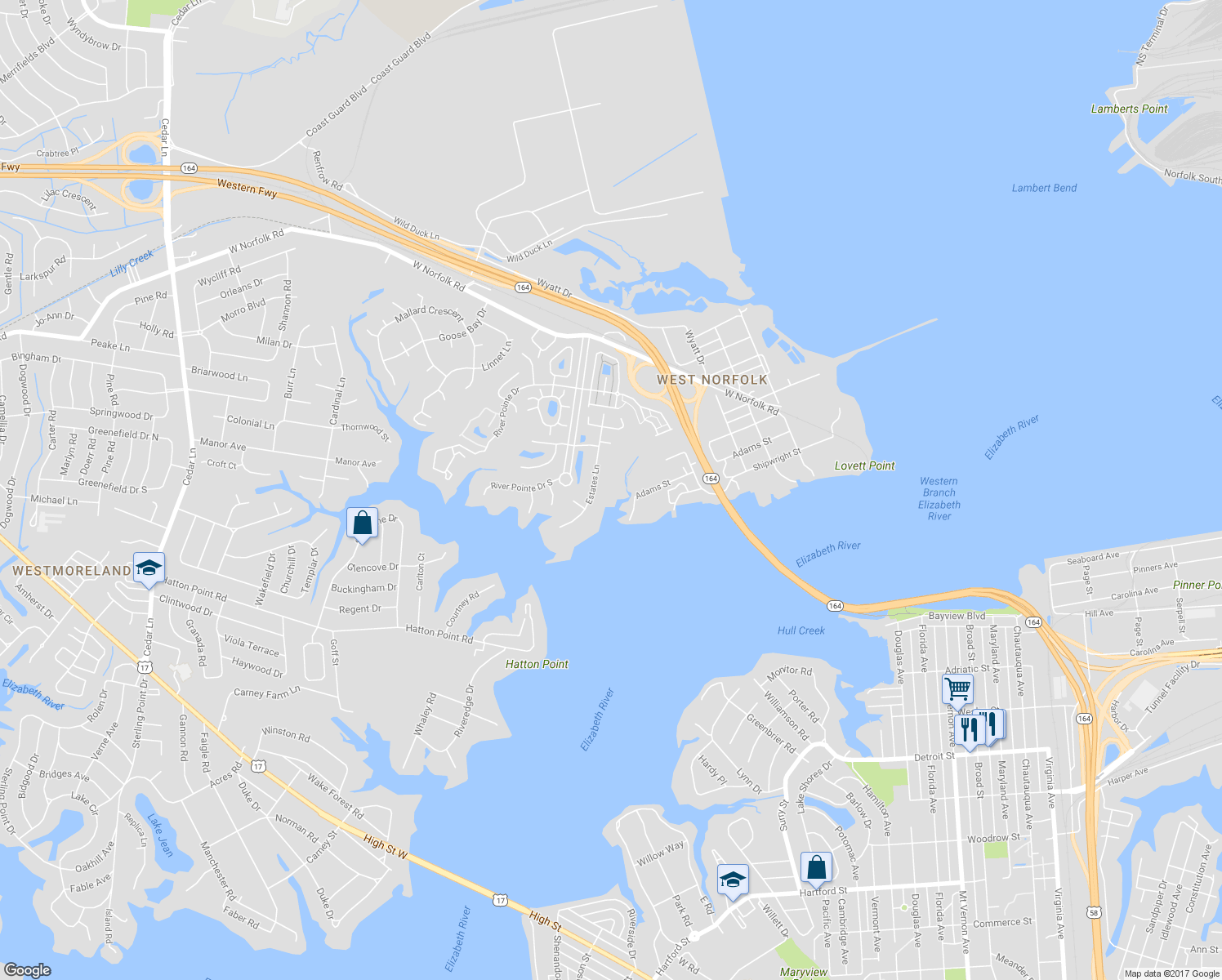 map of restaurants, bars, coffee shops, grocery stores, and more near 4029 Estates Lane in Portsmouth