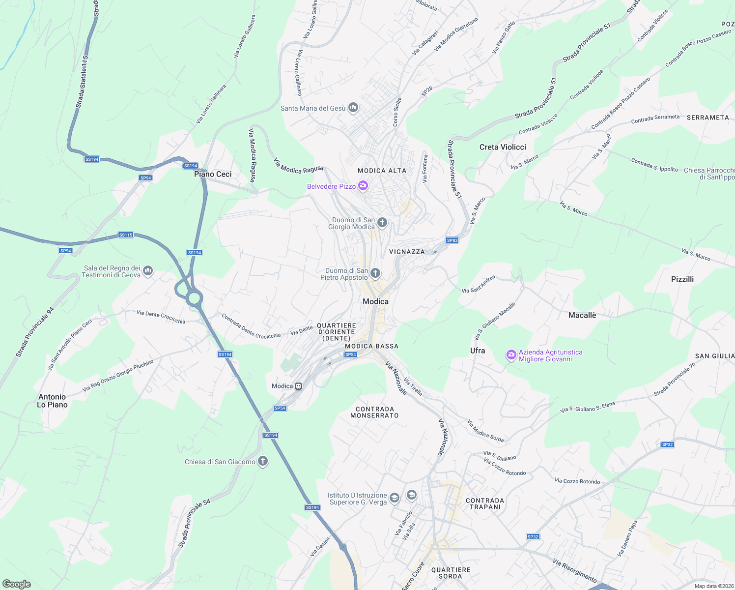 map of restaurants, bars, coffee shops, grocery stores, and more near 171 Via Campailla in Modica