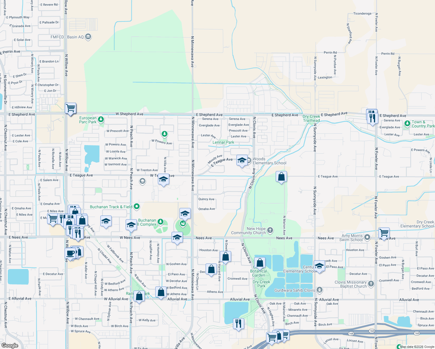 map of restaurants, bars, coffee shops, grocery stores, and more near 310 Trenton Avenue in Clovis
