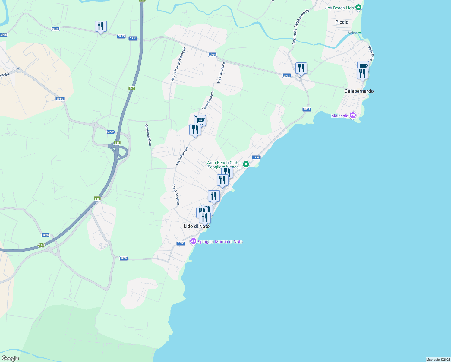 map of restaurants, bars, coffee shops, grocery stores, and more near Via Posidonia in Lido di Noto