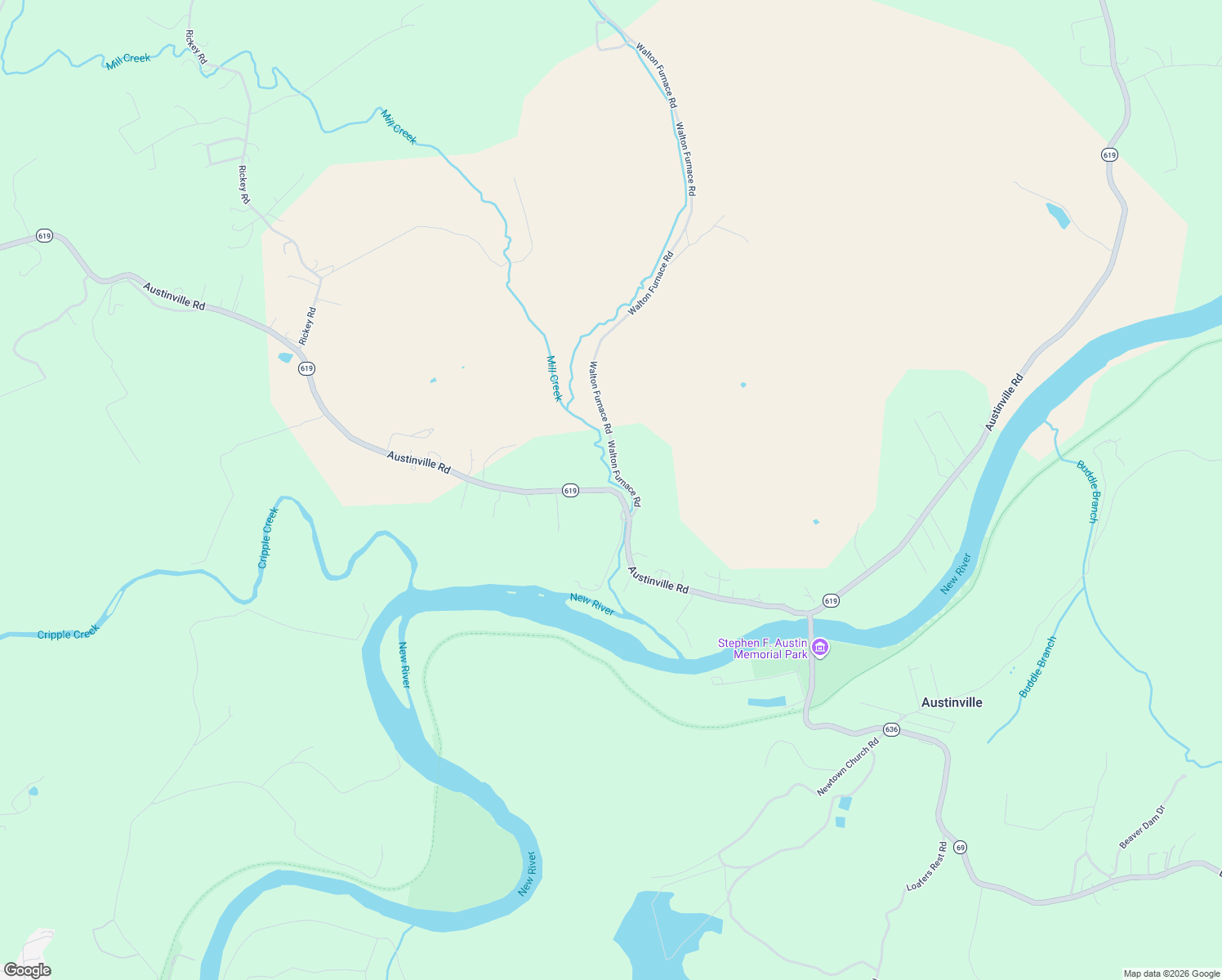 map of restaurants, bars, coffee shops, grocery stores, and more near Austinville Road in Austinville