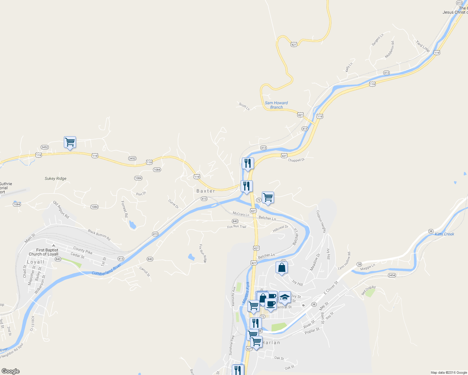 map of restaurants, bars, coffee shops, grocery stores, and more near 651 U.S. 119 in Baxter