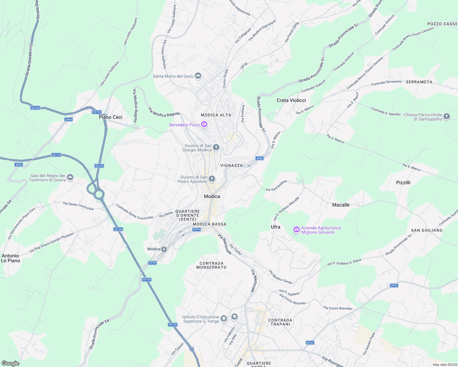 map of restaurants, bars, coffee shops, grocery stores, and more near 56 Via Marchesa Tedeschi in Modica