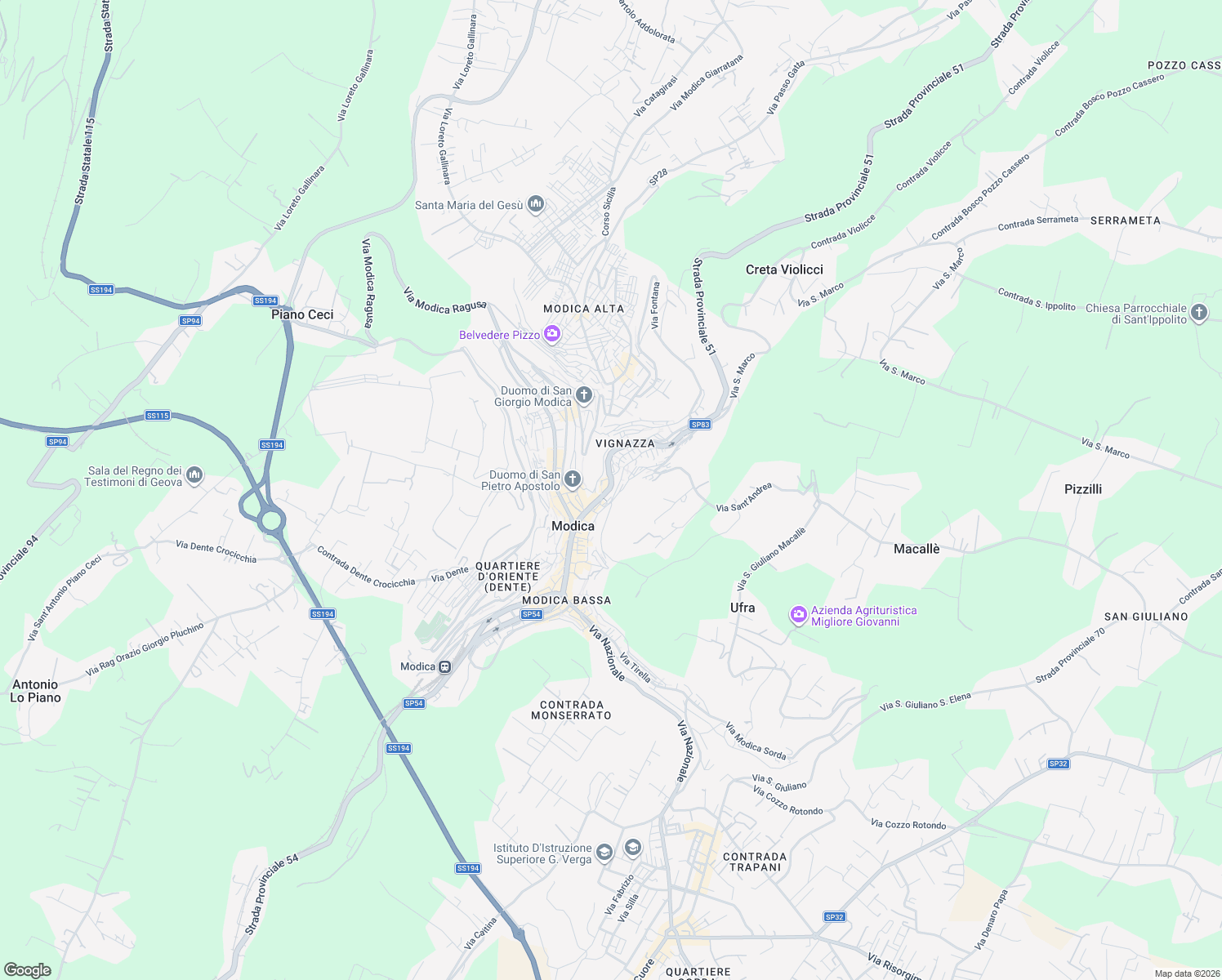 map of restaurants, bars, coffee shops, grocery stores, and more near 56 Via Marchesa Tedeschi in Modica