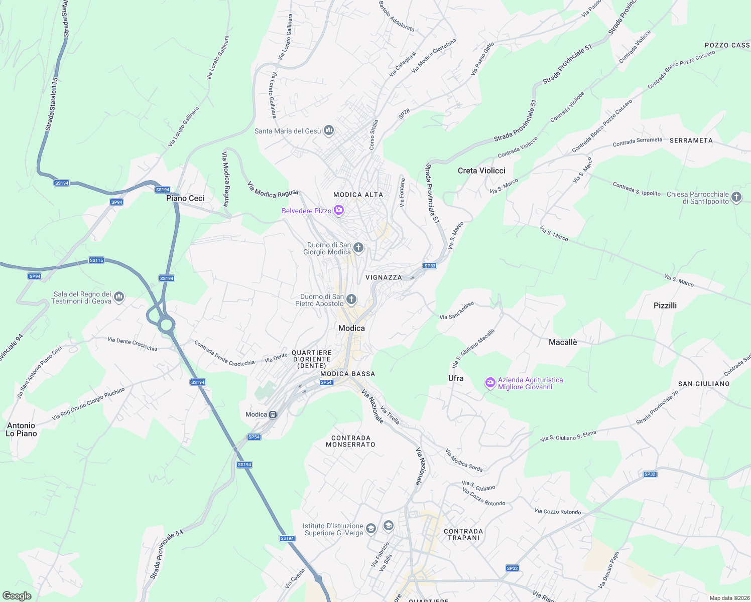 map of restaurants, bars, coffee shops, grocery stores, and more near 56 Via Marchesa Tedeschi in Modica