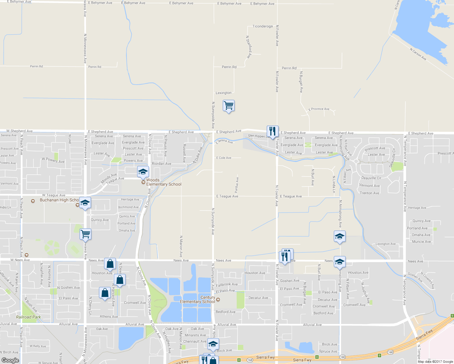 map of restaurants, bars, coffee shops, grocery stores, and more near 5090 East Teague Avenue in Clovis