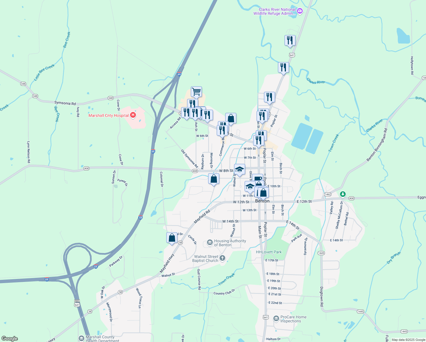 map of restaurants, bars, coffee shops, grocery stores, and more near 700 Oak Level Rd in Benton