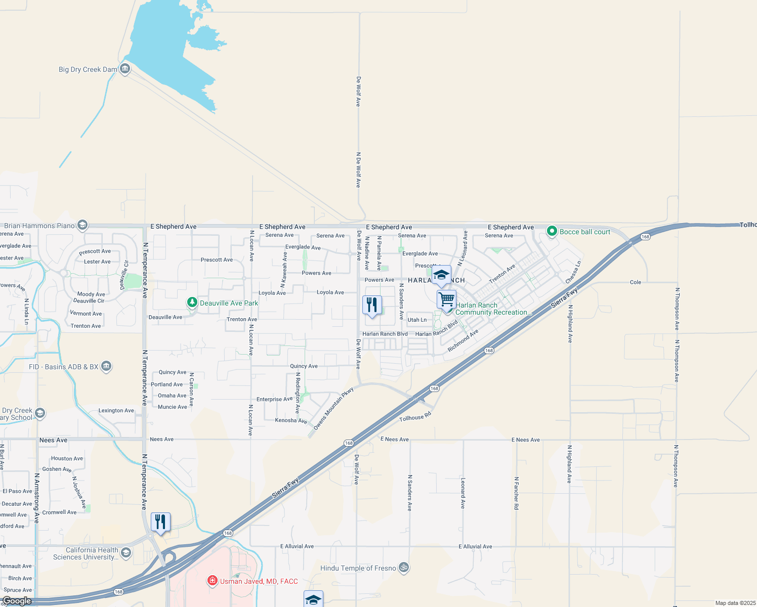 map of restaurants, bars, coffee shops, grocery stores, and more near 3515 Barclay Square in Clovis