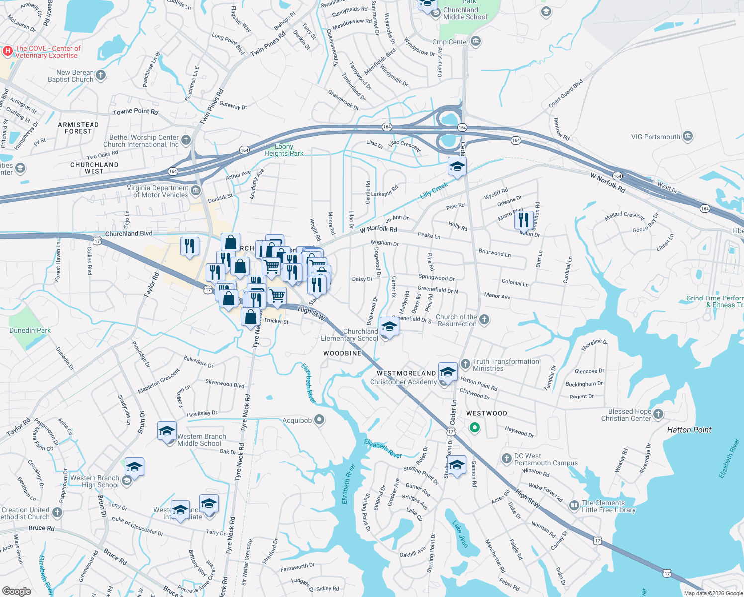 map of restaurants, bars, coffee shops, grocery stores, and more near 3214 Dogwood Dr in Portsmouth