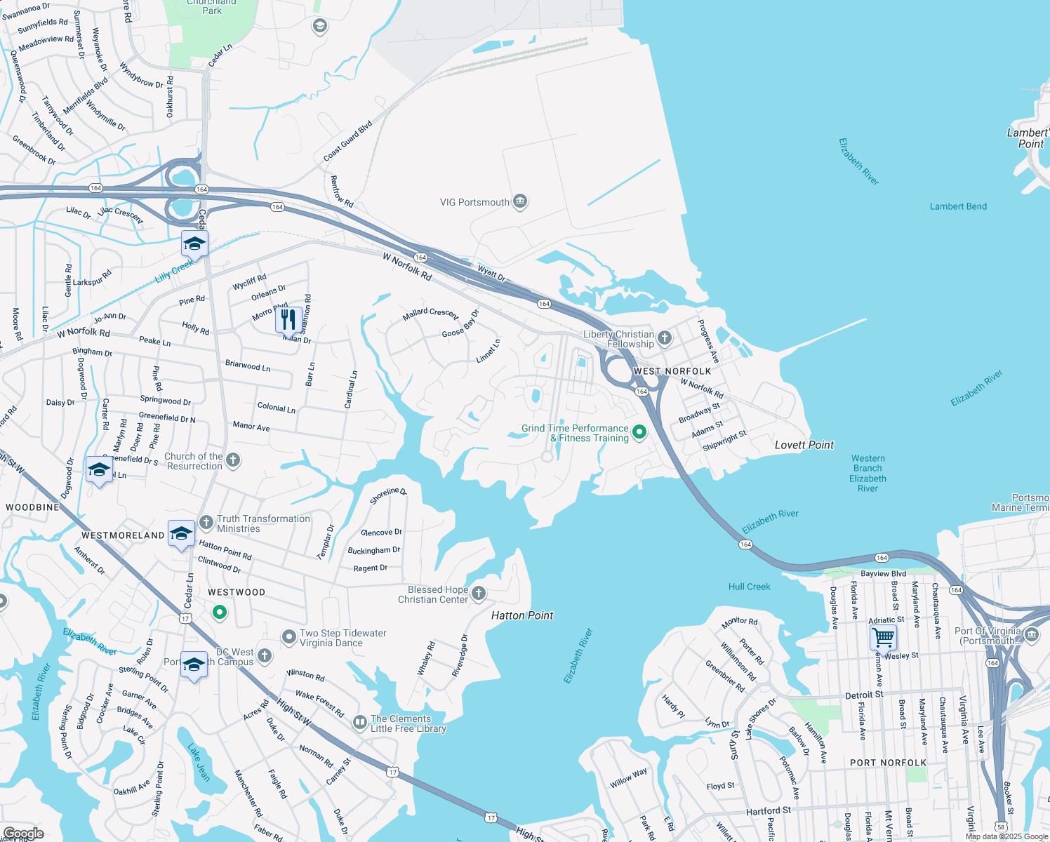 map of restaurants, bars, coffee shops, grocery stores, and more near 14 River Reach Close in Portsmouth
