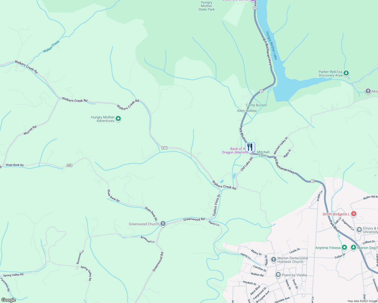 map of restaurants, bars, coffee shops, grocery stores, and more near 385 Walkers Creek Road in Marion