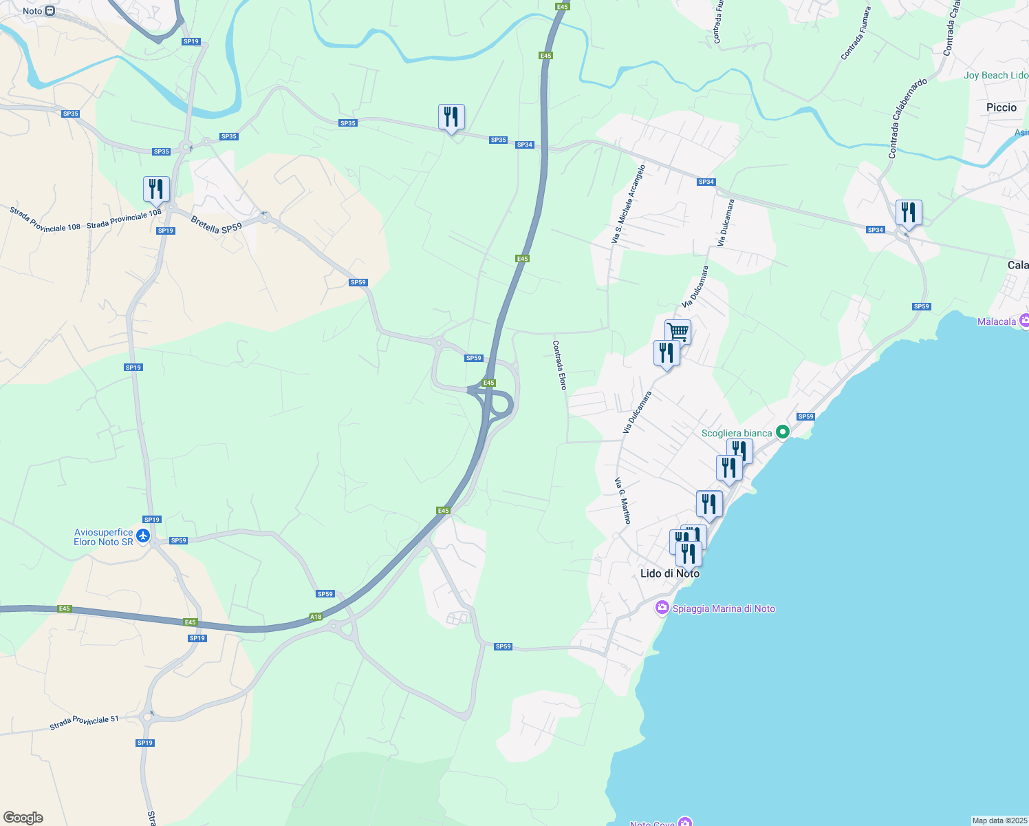 map of restaurants, bars, coffee shops, grocery stores, and more near Strada Provinciale 59 in Libero consorzio comunale di Siracusa