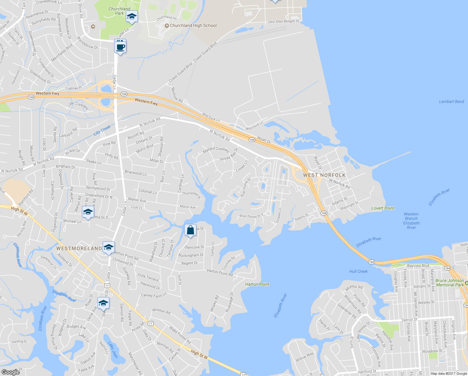map of restaurants, bars, coffee shops, grocery stores, and more near 35 Creekside Drive in Portsmouth