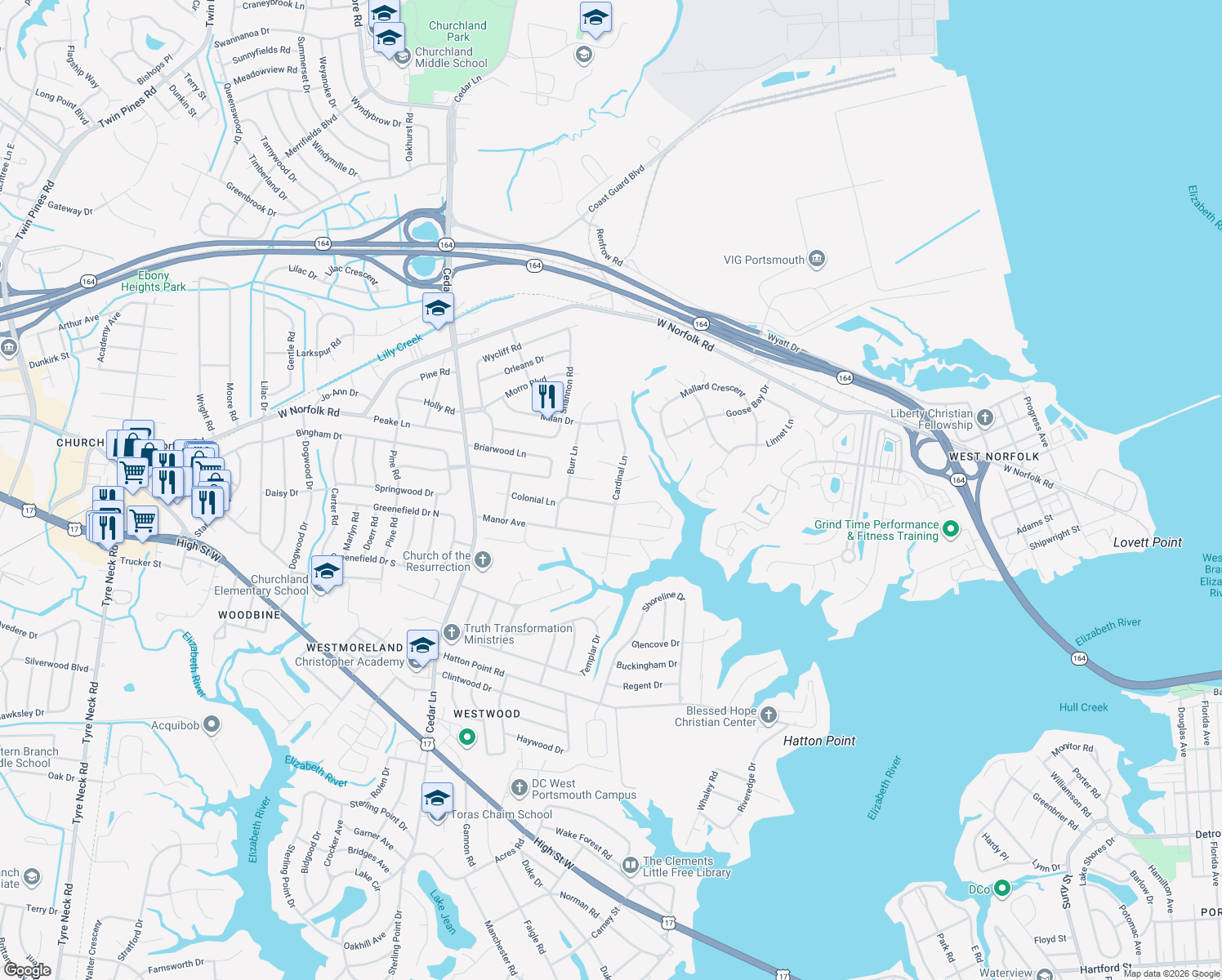 map of restaurants, bars, coffee shops, grocery stores, and more near 3705 Cardinal Lane in Portsmouth