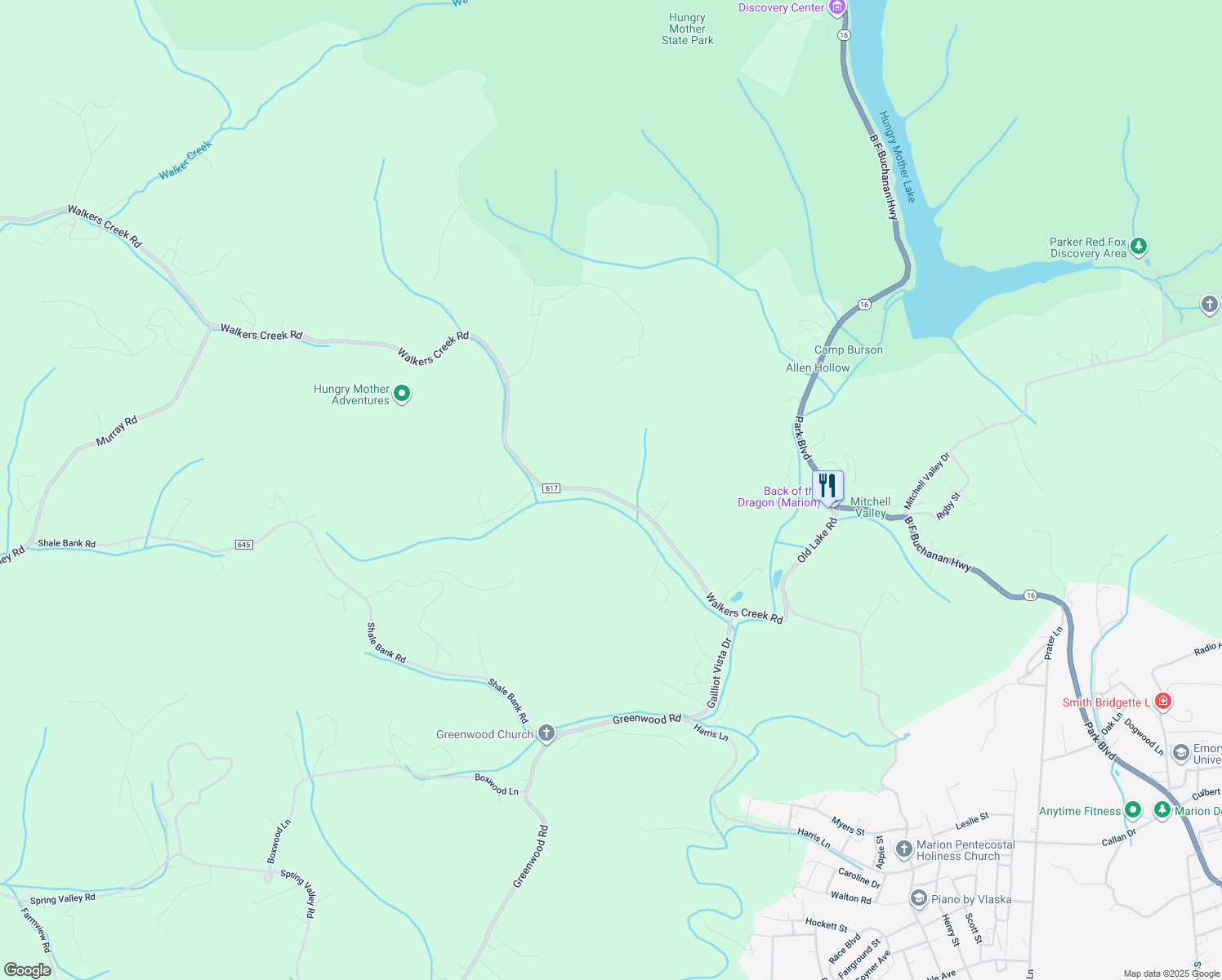 map of restaurants, bars, coffee shops, grocery stores, and more near 385 Walkers Creek Road in Marion