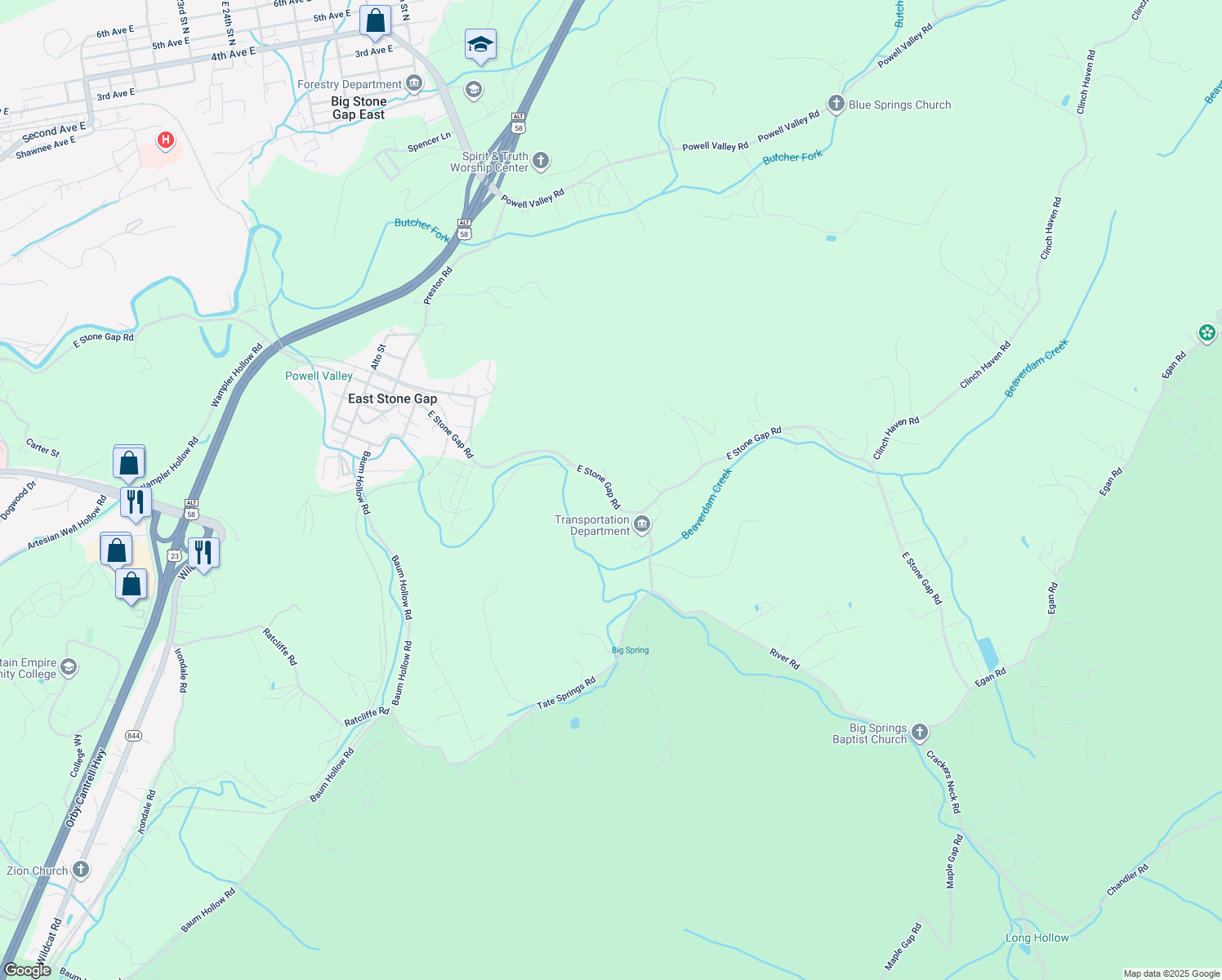 map of restaurants, bars, coffee shops, grocery stores, and more near in East Stone Gap
